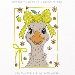May include: An embroidery machine file design featuring a goose with a yellow polka dot bow, a lemon, and a pearl necklace. The goose is framed by a yellow border with small flowers and a bow. Text reads: Embroidery Machine File 9 Sizes All Formats.