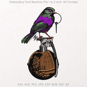 May include: An embroidery machine file design featuring a bird with green and purple feathers perched on a brown hand grenade. The bird holds a black ring in its beak. Text at the top reads Embroidery Font Machine File 1 to 3 inch All Formats.