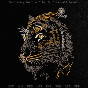 Könnte beinhalten: Eine Stickmaschinendatei mit einem Tigerkopf im Profil, gestickt in goldenen und weißen Fäden auf schwarzem Grund. Der Text lautet Embroidery Machine File 9 Sizes All Formats und XXX. HUS. PES. VPS. EXP. SEW. DST. JEF.