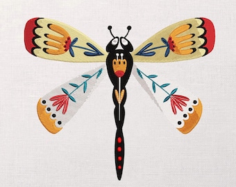 Floral Dragonfly Embroidery Design, Folk Art Insect Pattern, Nature Lover Gift (9 Sizes)
