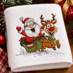 Holiday Sleigh Ride Santa Embroidery Design | Comical Reindeer and Sleigh Patch, Winter Season Festive Machine Embroidery Pattern