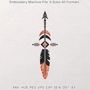 Desenho de bordado à máquina Boho com flecha e pena, padrão totem geométrico tribal, arquivo digital em estilo nativo ocidental, 9 tamanhos em todos os formatos.