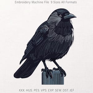 May include: An embroidery machine file design featuring a detailed black crow perched on a post. The text at the top reads Embroidery Machine File 9 Sizes All Formats, and the bottom text lists file formats XXX, HUS, PES, VPS, EXP, SEW, DST, JEF.