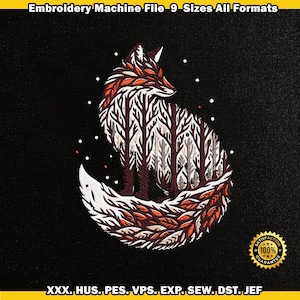 May include: An embroidery machine file featuring a stylized fox design with a forest motif. The fox is depicted in shades of brown, white, and orange against a black background. The text "Embroidery Machine File 9 Sizes All Formats" is at the top.