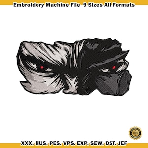 May include: An embroidery machine file design featuring a split-face graphic with one side in white and gray and the other in solid black. Both sides display a sharp, narrow eye with a glowing red pupil. Text reads: Embroidery Machine File 9 Sizes All Formats, XXX, HUS, PES, VPS, EXP, SEW, DST, JEF.