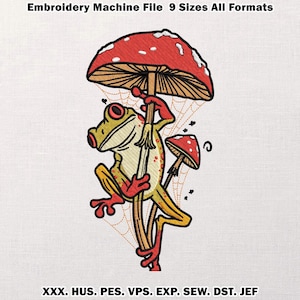 May include: An embroidery machine file featuring a whimsical design. A yellow and orange frog holds a mushroom umbrella, with a smaller mushroom nearby. The design includes spiderwebs and the text "Embroidery Machine File 9 Sizes All Formats".