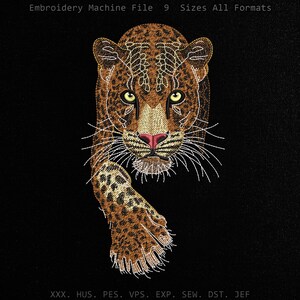 Stickmuster Leopardenkopf | Panther-Aufnäher, Wildkatzenporträt mit Pfote | Maschinenstickmuster, digitale Dateien