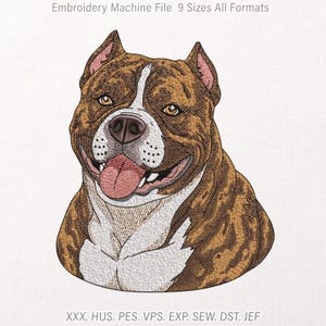 May include: An embroidery machine file design featuring a brindle and white pit bull dog with brown eyes and a pink tongue. The text at the top reads Embroidery Machine File 9 Sizes All Formats and the bottom text reads XXX. HUS. PES. VPS. EXP. SEW. DST. JEF.