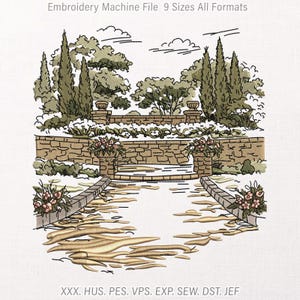 Könnte beinhalten: Eine Stickmaschinendatei mit einer Gartenlandschaft, einer Steinmauer, hohen Zypressen und Blumenkübeln. Der Text lautet Embroidery Machine File 9 Sizes All Formats und XXX. HUS. PES. VPS. EXP. SEW. DST. JEF.