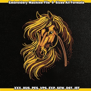 May include: An embroidery machine file featuring a detailed illustration of a horse's head with a flowing mane. The design is in shades of gold and brown against a black background. The text "Embroidery Machine File 9 Sizes All Formats" is at the top.