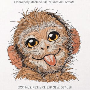 May include: An embroidery machine file featuring a cartoon monkey face with large eyes and its tongue sticking out. The monkey is in shades of brown and tan, with the text "Embroidery Machine File 9 Sizes All Formats" at the top and file formats at the bottom.