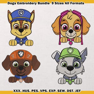 May include: An embroidery bundle featuring four cartoon dog characters, each with distinct colors and designs. The dogs wear hats and uniforms, with the text "Dogs Embroidery Bundle 9 Sizes All Formats" at the top and file format abbreviations at the bottom.