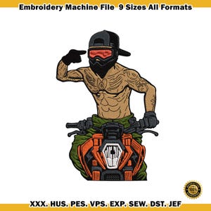 May include: Embroidery machine file showing a shirtless figure on a motorcycle, wearing a helmet and gloves. The design includes the text "Embroidery Machine File 9 Sizes All Formats" and file formats: XXX, HUS, PES, VPS, EXP, SEW, DST, JEF.