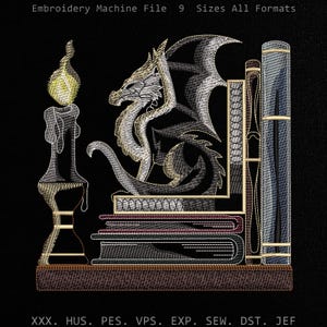 Dragon Books Embroidery Design, Fantasy Library Bookshelf Candle Motif (Manual Digitized Magical Serpent Tome Wand Stitch File, pes dst)