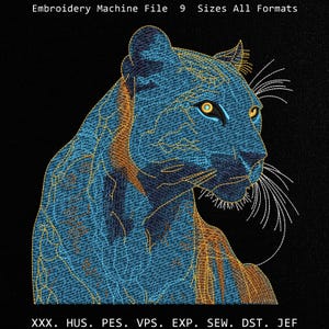 May include: An embroidery machine file design featuring a stylised panther head in shades of blue, black, and gold thread on a black background. The text reads: Embroidery Machine File 9 Sizes All Formats, XXX. HUS. PES. VPS. EXP. SEW. DST. JEF.