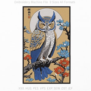 May include: An embroidery machine file design featuring a detailed owl perched on a branch against a circular moon background. The owl has blue and tan feathers, and the scene includes blue and orange flowers. Text reads: Embroidery Machine File 9 Sizes All Formats XXX. HUS. PES. VPS. EXP. SEW. DST. JEF.