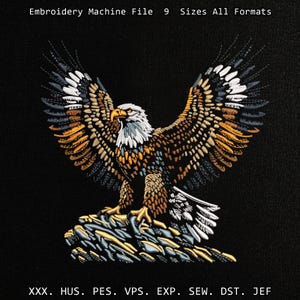 Puede incluir: Un diseño bordado de un águila calva con las alas extendidas, posada sobre una superficie rocosa. El águila presenta puntadas detalladas en tonos de marrón, dorado, blanco y gris sobre un fondo negro. El texto "Embroidery Machine File 9 Sizes All Formats" está en la parte superior.
