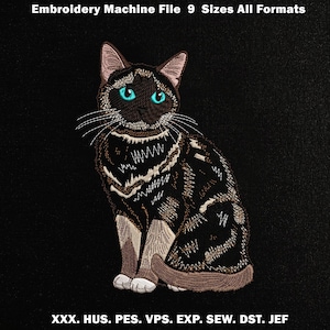 May include: An embroidery machine file design featuring a dark brown and black cat with bright turquoise eyes. The text at the top reads Embroidery Machine File 9 Sizes All Formats, and the bottom text lists XXX, HUS, PES, VPS, EXP, SEW, DST, JEF.