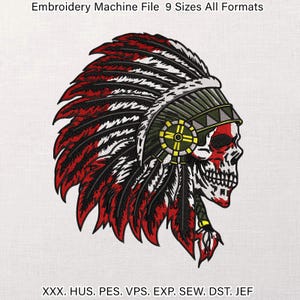 Tribal Warrior Skull Machine Embroidery Design, Native Feather Headdress Pattern, Edgy Biker Skeleton Digital File, 9 Sizes All Formats