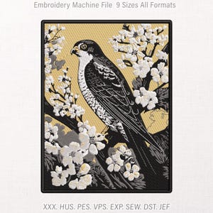 May include: An embroidery machine file design featuring a black and white falcon perched on a branch amidst white cherry blossoms against a gold background. The text reads Embroidery Machine File 9 Sizes All Formats and XXX. HUS. PES. VPS. EXP. SEW. DST. JEF.