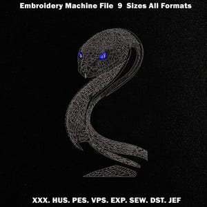 May include: An embroidery machine file featuring a stylized snake design with blue eyes, rendered in a detailed, stitched pattern. The image includes the text "Embroidery Machine File 9 Sizes All Formats" and file format abbreviations.