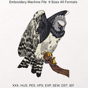 May include: An embroidery machine file showing a harpy eagle design. The eagle is depicted in black, white, and tan thread, with yellow talons, perched on a branch. The text "Embroidery Machine File 9 Sizes All Formats" is at the top.