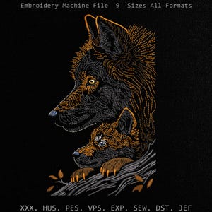 Puede incluir: Un archivo de bordado a máquina con un lobo grande y un cachorro en hilo naranja y gris sobre fondo negro. El texto dice Embroidery Machine File 9 Sizes All Formats y XXX. HUS. PES. VPS. EXP. SEW. DST. JEF.