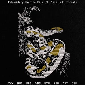May include: An embroidery machine file design featuring a coiled snake with white and gold patterned scales resting on a branch. The text reads: Embroidery Machine File 9 Sizes All Formats and XXX. HUS. PES. VPS. EXP. SEW. DST. JEF.