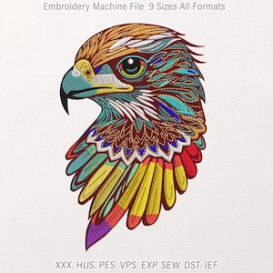 Puede incluir: Un archivo de bordado a máquina con una cabeza de halcón estilizada de perfil. El ave está representada con intrincados patrones de hilo multicolor en tonos naranja, azul verdoso, amarillo, rojo y morado. Texto: Embroidery Machine File 9 Sizes All Formats XXX. HUS. PES. VPS. EXP. SEW. DST. JEF.