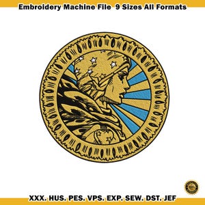 May include: A gold-colored embroidery design featuring a profile of a person with a star-studded head covering, set against blue rays. The design is circular with a decorative border. Text at the top reads "Embroidery Machine File 9 Sizes All Formats".