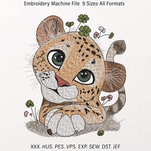 Wzór haftu "Baby Leopard" z motywem portretu małego dzikiego kota z koniczyną (zdigitalizowany plik ściegu "Chetah Stitch File", pes dst exp jef hus vp3)