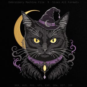 Ricamo di un cappello da strega con gatto nero, toppa felina gotica magica, motivo a punto lunare spettrale per Halloween, file di animali mistici