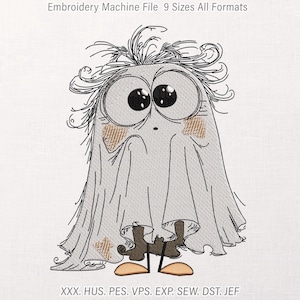 May include: An embroidery machine file design featuring a cartoon character draped in a light grey sheet with large black eyes, messy hair, and tan patches. The text reads Embroidery Machine File 9 Sizes All Formats and XXX. HUS. PES. VPS. EXP. SEW. DST. JEF.