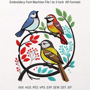 Puede incluir: Un archivo de bordado a máquina con tres pájaros posados en ramas curvas. Los pájaros son azules, naranjas y amarillos. El diseño incluye hojas y bayas rojas y verde azulado. Texto: Embroidery Font Machine File 1 to 3 inch All Formats XXX. HUS. PES. VPS. EXP. SEW. DST. JEF