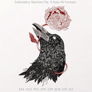 May include: An embroidery machine file design featuring a black raven with its beak open, holding a red-outlined flower. The text reads: Embroidery Machine File 9 Sizes All Formats and XXX. HUS. PES. VPS. EXP. SEW. DST. JEF.