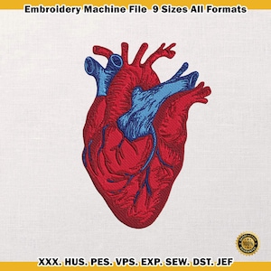 May include: An embroidered design of a human heart in red and blue, set against a white background. The text "Embroidery Machine File 9 Sizes All Formats" is at the top. The design includes the file formats XXX, HUS, PES, VPS, EXP, SEW, DST, and JEF.