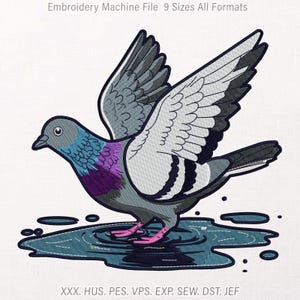 May include: An embroidery machine file design featuring a pigeon with gray, white, and purple feathers standing in a blue puddle. The text "Embroidery Machine File 9 Sizes All Formats" and "XXX. HUS. PES. VPS. EXP. SEW. DST. JEF" is visible.