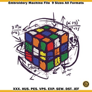 Könnte beinhalten: Stickmaschinen-Datei mit einem farbenfrohen Rubik's Cube-Design, umgeben von mathematischen Gleichungen und Pfeilen. Der Text "Embroidery Machine File 9 Sizes All Formats" steht oben, und Dateiformate sind unten aufgeführt.