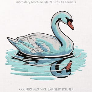 May include: An embroidery machine file design featuring a white swan with light blue shading floating on water, with a reflection visible below. The text reads Embroidery Machine File 9 Sizes All Formats and XXX. HUS. PES. VPS. EXP. SEW. DST. JEF.