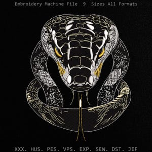 King Cobra Embroidery Design, Striking Serpent Hood Portrait Motif (Manual Digitized Poisonous Snake Stitch File, pes dst exp jef hus)