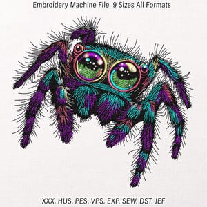 May include: A colorful embroidered spider design with large, detailed eyes and multiple legs. The spider is primarily purple, teal, and pink, with intricate stitching. Text at the top reads "Embroidery Machine File 9 Sizes All Formats".