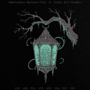 May include: An embroidery machine file design featuring a hanging lantern suspended from a bare tree branch. The lantern contains a cluster of mushrooms and glows with a light mint green color. Text at the top reads Embroidery Machine File 9 Sizes All Formats.