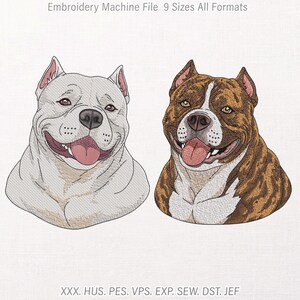 May include: An embroidery machine file design featuring two pit bull dog portraits. One dog is white with pink inner ears, and the other is brown and white brindle. Both have open mouths with pink tongues. Text reads: Embroidery Machine File 9 Sizes All Formats XXX. HUS. PES. VPS. EXP. SEW. DST. JEF