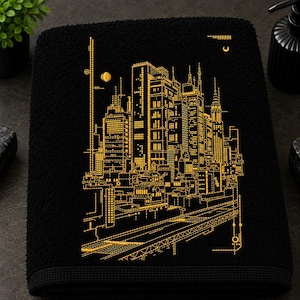 May include: A black rectangular hand towel featuring a detailed gold embroidered cityscape design. The embroidery depicts a dense urban skyline with tall skyscrapers, architectural lines, and a road in the foreground, all rendered in thin gold thread.