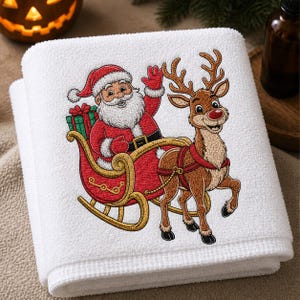 Waving Santa Sleigh and Reindeer Embroidery Design | Friendly Christmas Character Patch, Winter Holiday Decor Digital Pattern