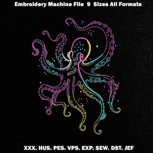 May include: An embroidery machine file featuring a colorful octopus design on a black background. The octopus is outlined in pink, yellow, and teal, with dotted details. Text at the top reads "Embroidery Machine File 9 Sizes All Formats".