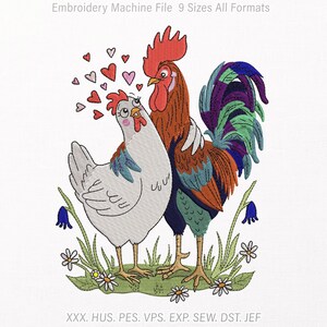 Peut inclure: Un fichier de broderie machine représentant une poule blanche et un coq brun debout dans de l'herbe verte avec des fleurs. Au-dessus de la poule flottent des cœurs rouges et roses. Le texte indique Embroidery Machine File 9 Sizes All Formats XXX HUS PES VPS EXP SEW DST JEF.