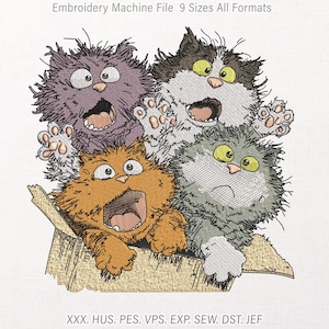 May include: An embroidery machine file design featuring four cartoon cats with shaggy fur in purple, orange, black, and gray, all emerging from a cardboard box. The text reads Embroidery Machine File 9 Sizes All Formats and XXX. HUS. PES. VPS. EXP. SEW. DST. JEF.