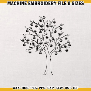 May include: Black and white machine embroidery file of a tree with round fruit. The text "MACHINE EMBROIDERY FILE 9 SIZES" is at the top. The file formats are listed at the bottom: XXX, HUS, PES, VPS, EXP, SEW, DST, JEF.