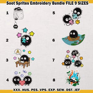 May include: An embroidery bundle featuring nine designs of Soot Sprites. The designs include Soot Sprites in various poses, such as holding a heart, in a boat, and with stars. The text "Soot Sprites Embroidery Bundle FILE 9 SIZES" is at the top.